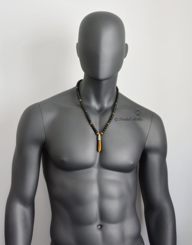 Crystal jewelry Long men's necklace Healing crystal necklace Onyx Tigers Eye pendant necklace Black brown necklace Shamballa energy necklace