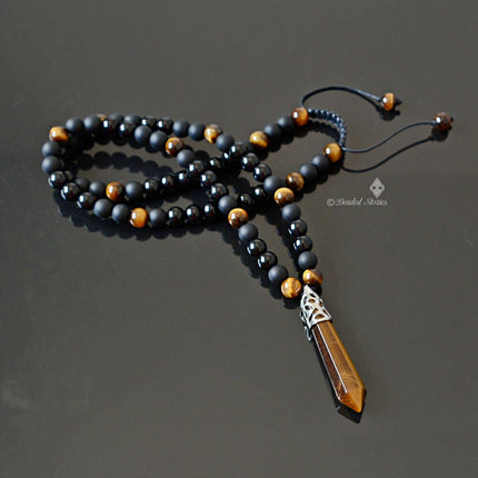 Crystal jewelry Long men's necklace Healing crystal necklace Onyx Tigers Eye pendant necklace Black brown necklace Shamballa energy necklace