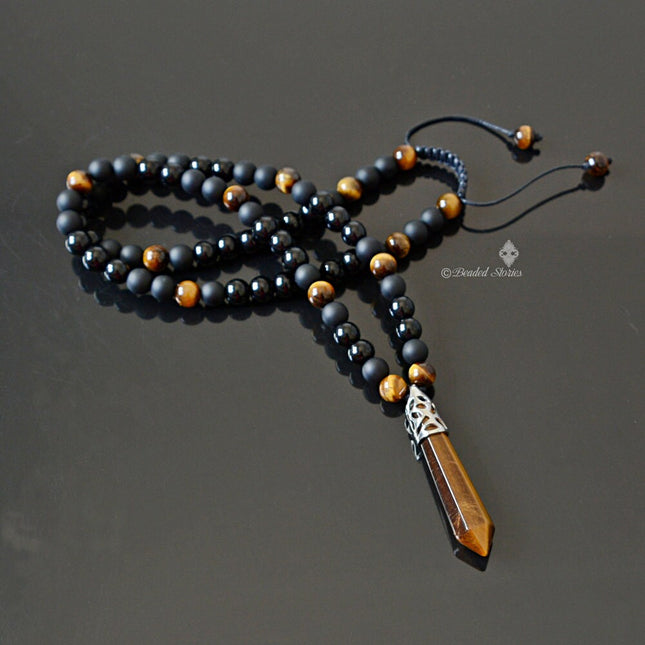 Crystal jewelry Long men's necklace Healing crystal necklace Onyx Tigers Eye pendant necklace Black brown necklace Shamballa energy necklace