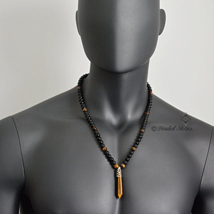 Crystal jewelry Long men's necklace Healing crystal necklace Onyx Tigers Eye pendant necklace Black brown necklace Shamballa energy necklace