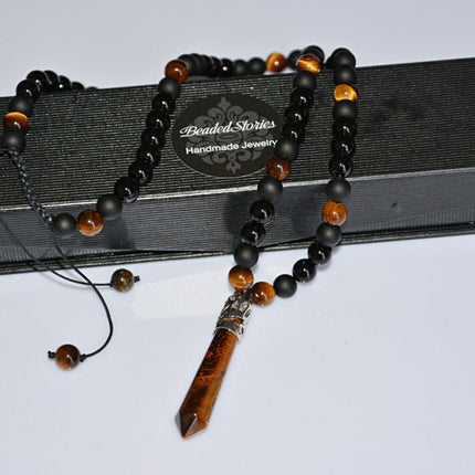 Crystal jewelry Long men's necklace Healing crystal necklace Onyx Tigers Eye pendant necklace Black brown necklace Shamballa energy necklace