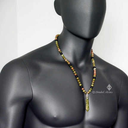 Mens Beaded Necklace - Men's Necklace - Scorpio Jewelry - Addiction Recovery Jewelry - Onyx & Unakite Necklace - Healing Shamballa Necklace