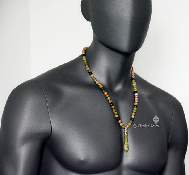 Mens Beaded Necklace - Men's Necklace - Scorpio Jewelry - Addiction Recovery Jewelry - Onyx & Unakite Necklace - Healing Shamballa Necklace
