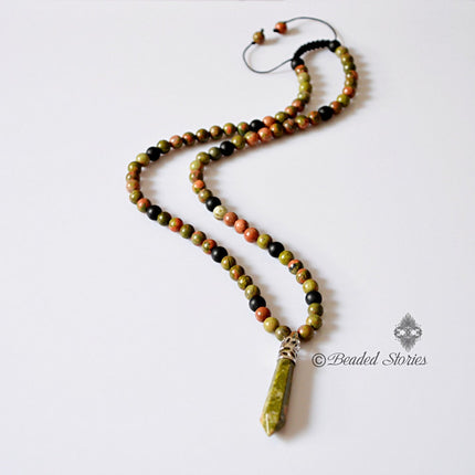 Mens Beaded Necklace - Men's Necklace - Scorpio Jewelry - Addiction Recovery Jewelry - Onyx & Unakite Necklace - Healing Shamballa Necklace
