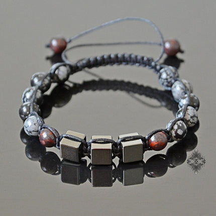 Crystal Beaded Bracelet - Mens Jewelry - Beaded Bracelet - Yoga Jewelry - Hematite Bloodstone & Snowflake Obsidian Bracelet - Gift for Him