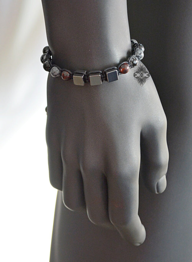 Crystal Beaded Bracelet - Mens Jewelry - Beaded Bracelet - Yoga Jewelry - Hematite Bloodstone & Snowflake Obsidian Bracelet - Gift for Him