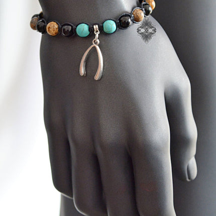 Wishbone Bracelet - Valentine's Day Gift for Men - Good Luck Charm - Shamballa Beaded Bracelet - Yoga Bracelet - Gemstone Jewelry for Men