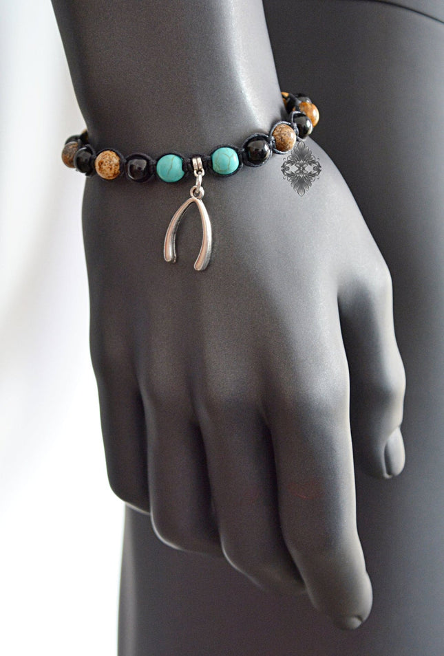 Wishbone Bracelet - Valentine's Day Gift for Men - Good Luck Charm - Shamballa Beaded Bracelet - Yoga Bracelet - Gemstone Jewelry for Men