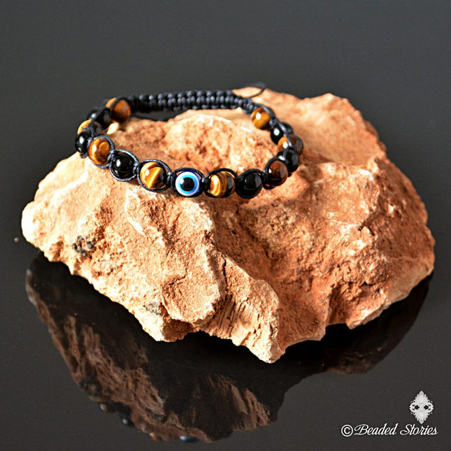 Evil Eye Bracelet - Evil Eye Men's Bracelet - Boho Beaded Bracelet - Tiger's Eye Bracelet for Men - Black Onyx Bracelet - Gift for Boyfriend
