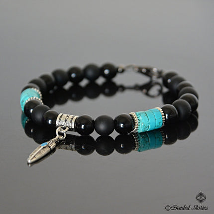 Turquoise Bracelet for Men December Birthstone Jewelry Mens Beaded Bracelet Feather Charm Bracelet Black Blue Bracelet Birthday Gift for Men