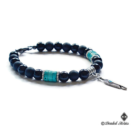 Turquoise Bracelet for Men December Birthstone Jewelry Mens Beaded Bracelet Feather Charm Bracelet Black Blue Bracelet Birthday Gift for Men