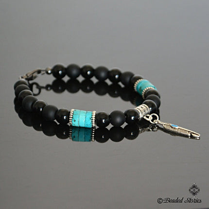 Turquoise Bracelet for Men December Birthstone Jewelry Mens Beaded Bracelet Feather Charm Bracelet Black Blue Bracelet Birthday Gift for Men