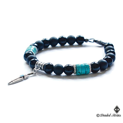 Turquoise Bracelet for Men December Birthstone Jewelry Mens Beaded Bracelet Feather Charm Bracelet Black Blue Bracelet Birthday Gift for Men