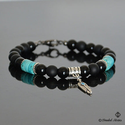 Turquoise Bracelet for Men December Birthstone Jewelry Mens Beaded Bracelet Feather Charm Bracelet Black Blue Bracelet Birthday Gift for Men