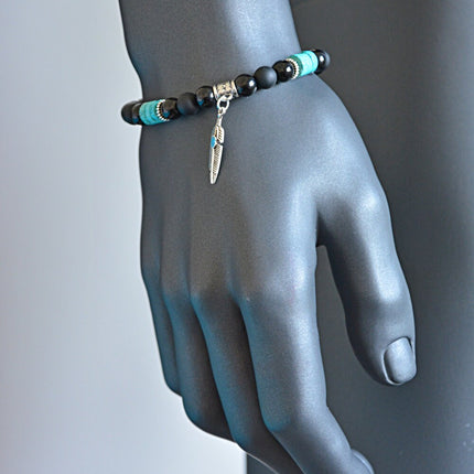 Turquoise Bracelet for Men December Birthstone Jewelry Mens Beaded Bracelet Feather Charm Bracelet Black Blue Bracelet Birthday Gift for Men
