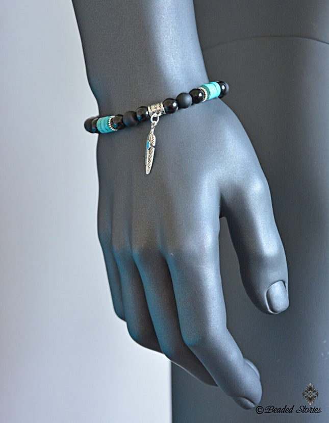 Turquoise Bracelet for Men December Birthstone Jewelry Mens Beaded Bracelet Feather Charm Bracelet Black Blue Bracelet Birthday Gift for Men