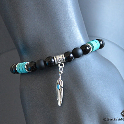 Turquoise Bracelet for Men December Birthstone Jewelry Mens Beaded Bracelet Feather Charm Bracelet Black Blue Bracelet Birthday Gift for Men