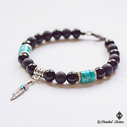 Turquoise Bracelet for Men December Birthstone Jewelry Mens Beaded Bracelet Feather Charm Bracelet Black Blue Bracelet Birthday Gift for Men