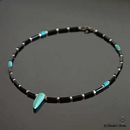 Men's choker necklace Surfer necklace Rocker necklace Howlite turquoise & onyx horn pendant necklace Tribal choker Mens jewelry Boho jewelry