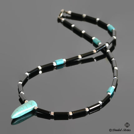 Men's choker necklace Surfer necklace Rocker necklace Howlite turquoise & onyx horn pendant necklace Tribal choker Mens jewelry Boho jewelry