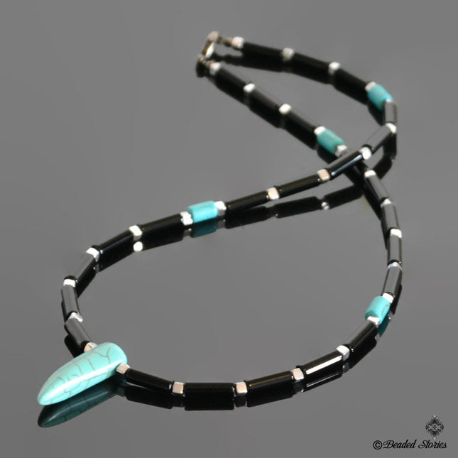 Men's choker necklace Surfer necklace Rocker necklace Howlite turquoise & onyx horn pendant necklace Tribal choker Mens jewelry Boho jewelry
