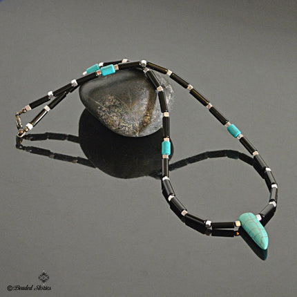 Men's choker necklace Surfer necklace Rocker necklace Howlite turquoise & onyx horn pendant necklace Tribal choker Mens jewelry Boho jewelry