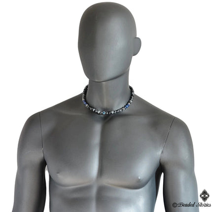 Evil Eye Necklace for Men - Evil Eye Jewelry for Him - Mens Beaded Necklace - Evil Eye Choker Necklace - Lapis Lazuli Snowflake Obsidian