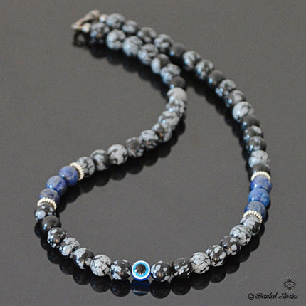 Evil Eye Necklace for Men - Evil Eye Jewelry for Him - Mens Beaded Necklace - Evil Eye Choker Necklace - Lapis Lazuli Snowflake Obsidian