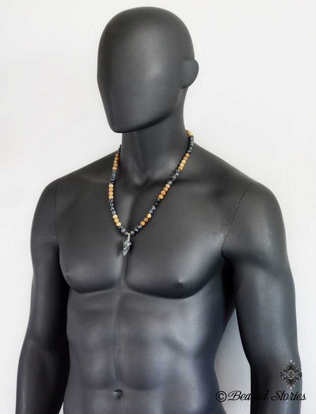 Healing crystal necklace Men's jewelry Men's long necklace Snowflake Obsidian jewelry Picture Jasper jewelry  Boho pendulum necklace for men