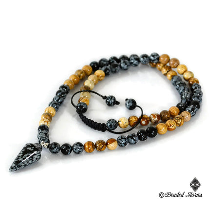 Healing crystal necklace Men's jewelry Men's long necklace Snowflake Obsidian jewelry Picture Jasper jewelry  Boho pendulum necklace for men