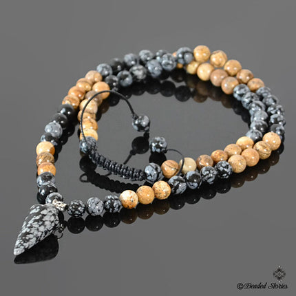 Healing crystal necklace Men's jewelry Men's long necklace Snowflake Obsidian jewelry Picture Jasper jewelry  Boho pendulum necklace for men