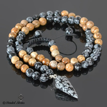 Healing crystal necklace Men's jewelry Men's long necklace Snowflake Obsidian jewelry Picture Jasper jewelry  Boho pendulum necklace for men