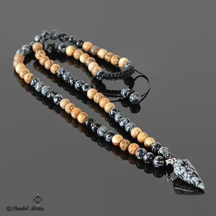 Healing crystal necklace Men's jewelry Men's long necklace Snowflake Obsidian jewelry Picture Jasper jewelry  Boho pendulum necklace for men