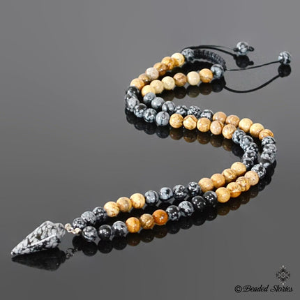 Healing crystal necklace Men's jewelry Men's long necklace Snowflake Obsidian jewelry Picture Jasper jewelry  Boho pendulum necklace for men