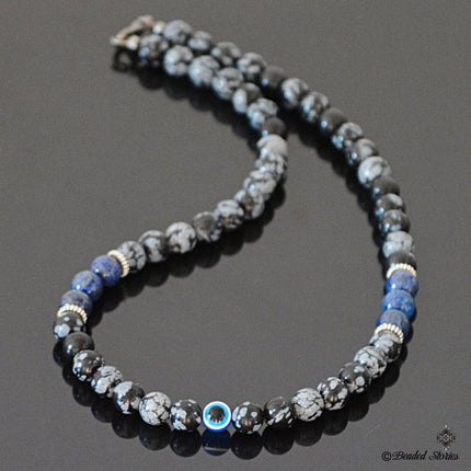 Evil Eye Necklace for Men - Evil Eye Jewelry for Him - Mens Beaded Necklace - Evil Eye Choker Necklace - Lapis Lazuli Snowflake Obsidian