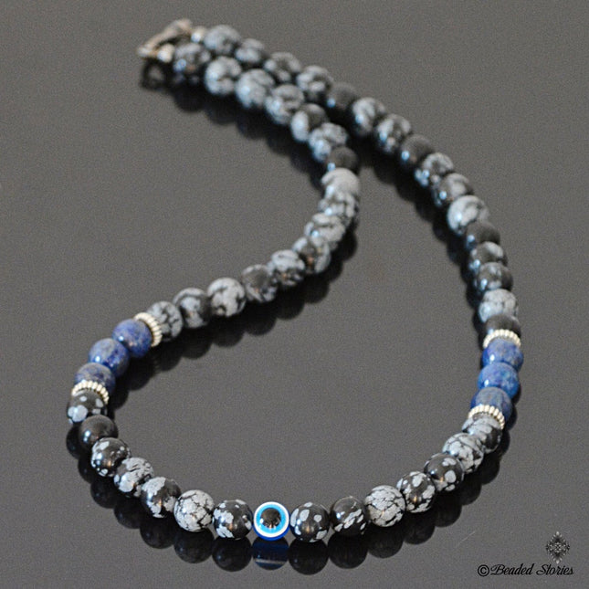 Evil Eye Necklace for Men - Evil Eye Jewelry for Him - Mens Beaded Necklace - Evil Eye Choker Necklace - Lapis Lazuli Snowflake Obsidian