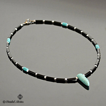 Men's choker necklace Surfer necklace Rocker necklace Howlite turquoise & onyx horn pendant necklace Tribal choker Mens jewelry Boho jewelry
