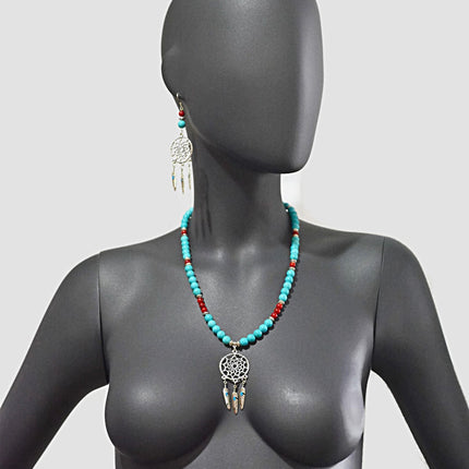 Mother's Day Gift - Native American Necklace Earrings for Women - Dream Catcher Ethnic Jewelry for Her - Red Coral Blue Howlite Jewelry Set