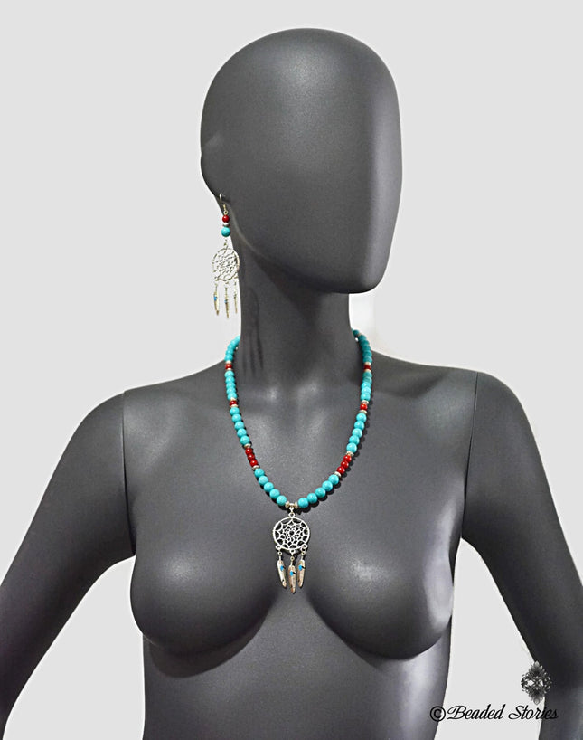 Mother's Day Gift - Native American Necklace Earrings for Women - Dream Catcher Ethnic Jewelry for Her - Red Coral Blue Howlite Jewelry Set