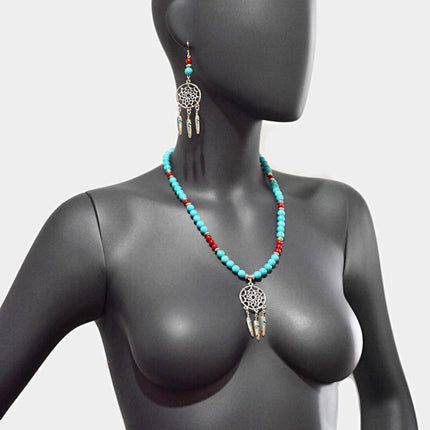 Mother's Day Gift - Native American Necklace Earrings for Women - Dream Catcher Ethnic Jewelry for Her - Red Coral Blue Howlite Jewelry Set