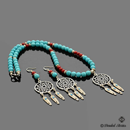 Mother's Day Gift - Native American Necklace Earrings for Women - Dream Catcher Ethnic Jewelry for Her - Red Coral Blue Howlite Jewelry Set