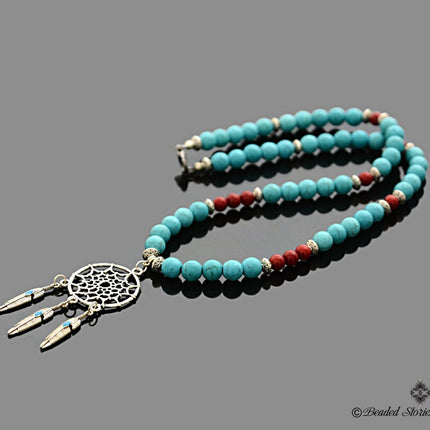 Mother's Day Gift - Native American Necklace Earrings for Women - Dream Catcher Ethnic Jewelry for Her - Red Coral Blue Howlite Jewelry Set