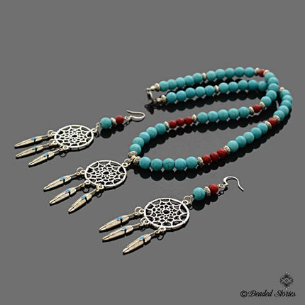 Mother's Day Gift - Native American Necklace Earrings for Women - Dream Catcher Ethnic Jewelry for Her - Red Coral Blue Howlite Jewelry Set
