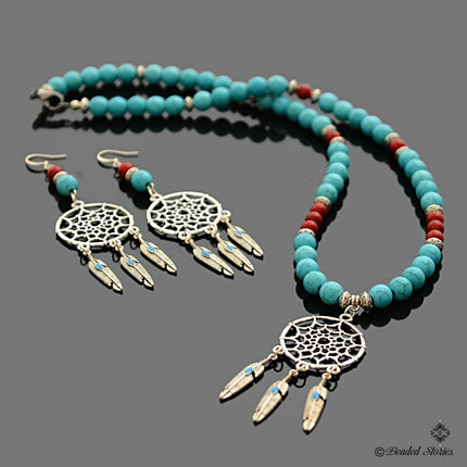 Mother's Day Gift - Native American Necklace Earrings for Women - Dream Catcher Ethnic Jewelry for Her - Red Coral Blue Howlite Jewelry Set