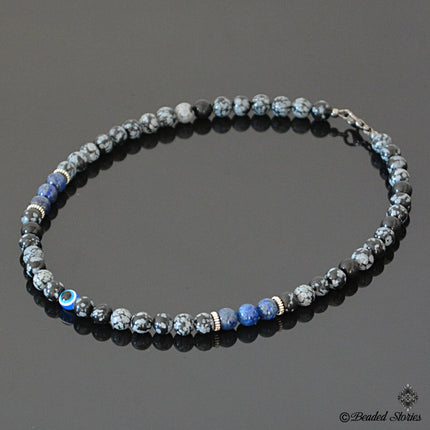 Evil Eye Necklace for Men - Evil Eye Jewelry for Him - Mens Beaded Necklace - Evil Eye Choker Necklace - Lapis Lazuli Snowflake Obsidian