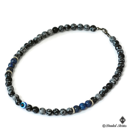 Evil Eye Necklace for Men - Evil Eye Jewelry for Him - Mens Beaded Necklace - Evil Eye Choker Necklace - Lapis Lazuli Snowflake Obsidian