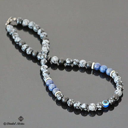 Evil Eye Necklace for Men - Evil Eye Jewelry for Him - Mens Beaded Necklace - Evil Eye Choker Necklace - Lapis Lazuli Snowflake Obsidian