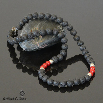 Black & Red Necklace for Men - Volcanic Lava and Coral Men's Necklace - Choker Necklace - Essential Oil Diffuser Necklace - Gift for Men