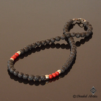 Black & Red Necklace for Men - Volcanic Lava and Coral Men's Necklace - Choker Necklace - Essential Oil Diffuser Necklace - Gift for Men
