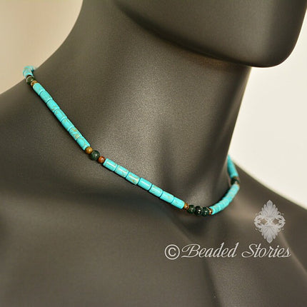 Mens necklace Blue choker necklace Mens jewelry Tribal surfer necklace Fathers Day gift for men Jasper howlite turquoise tigers eye necklace